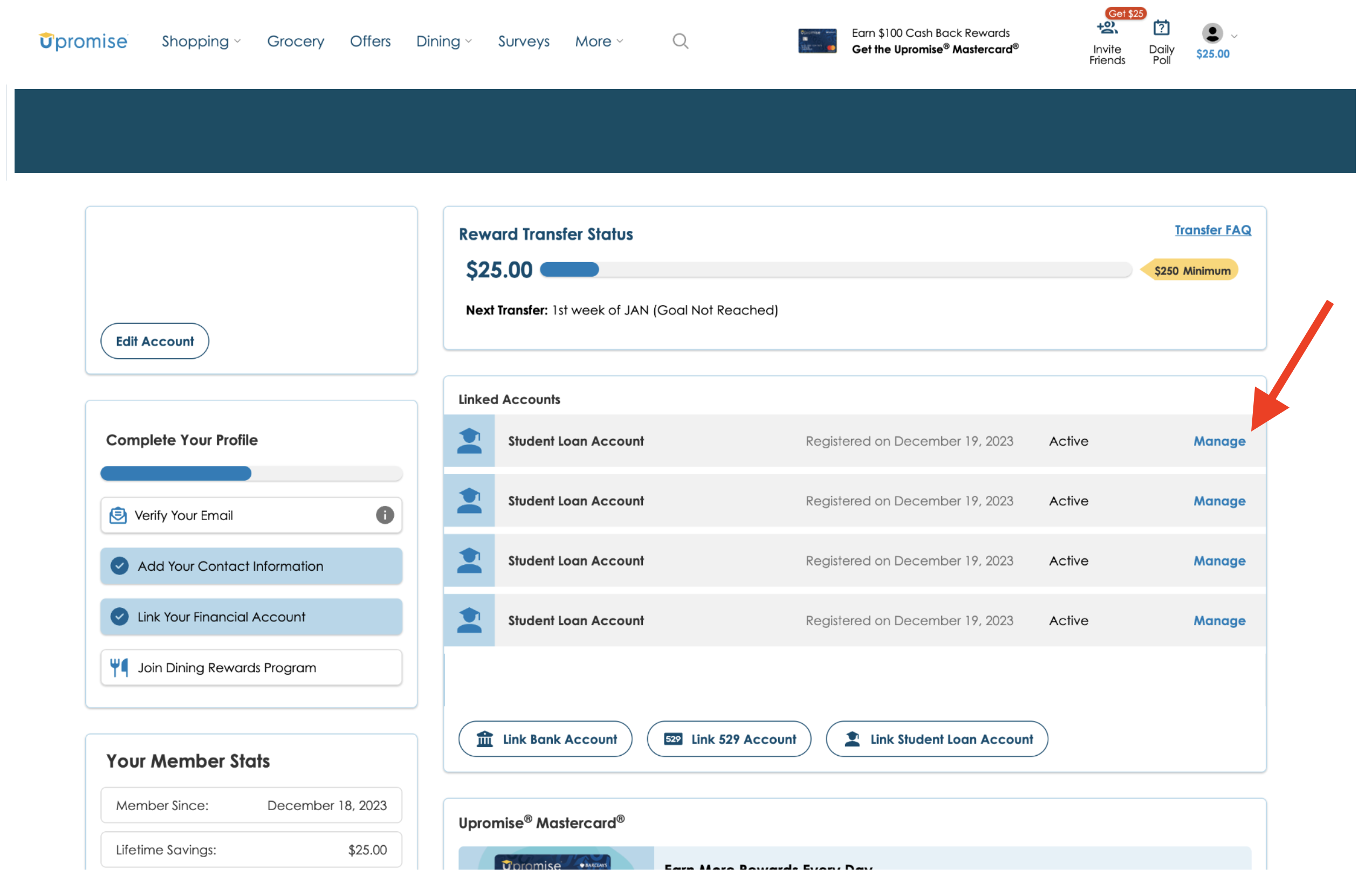 How do I manage a student loan account linked to my Upromise account? Upromise